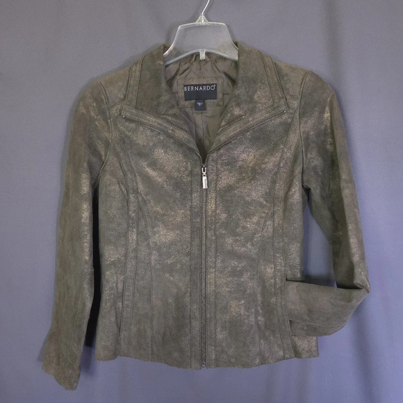 Bernardo Leather Moto Jacket Size Medium Green and Gold - Picture 4 of 8